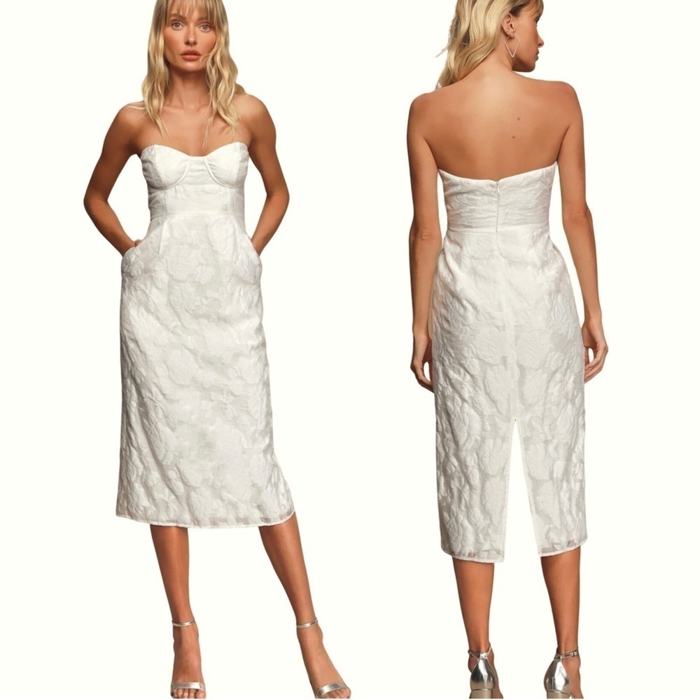 LULU’S From this Day White Floral Jacquard Strapless Midi Dress NWT SOLDOUT